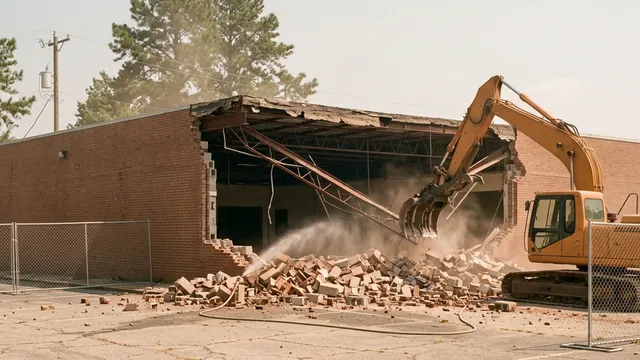 Excavator opening the front of a vacant brick commercial building behind chain-link fence in Tuscaloosa, Alabama