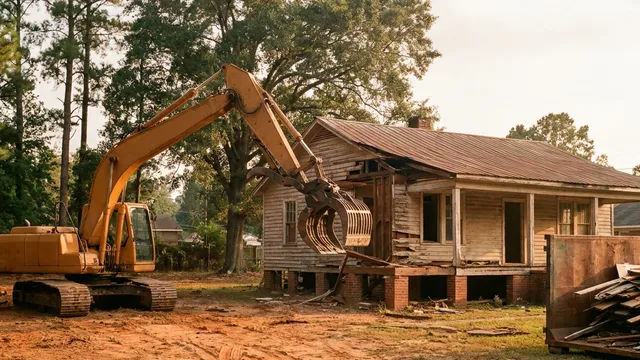 Excavator with a grapple reaching toward an old frame house on brick piers next to a roll-off in Tuscaloosa, Alabama