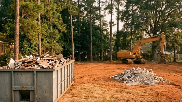Roll-off dumpster full of broken framing beside a pile of concrete rubble and an excavator on a cleared red-clay lot in Tuscaloosa, Alabama