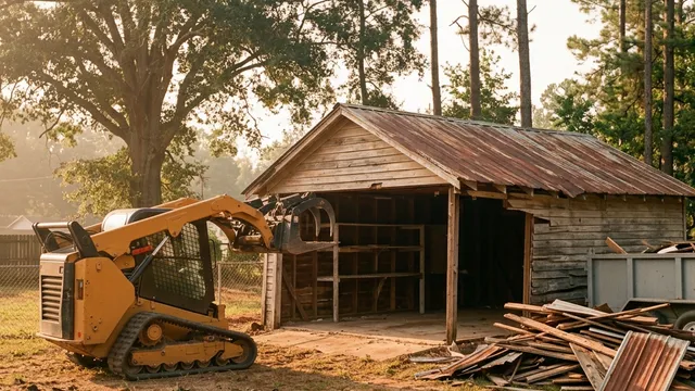 Compact track loader with a grapple pulling down an old tin-roofed shed beside a pile of salvaged boards in Tuscaloosa, Alabama