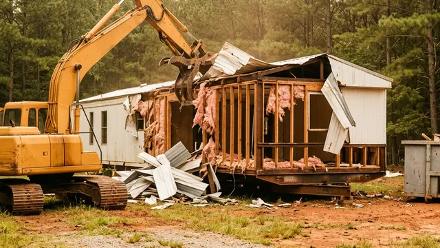 Excavator grapple peeling the metal roof and siding off a single-wide mobile home on its steel chassis near Tuscaloosa, Alabama
